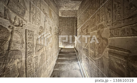 Beautiful wall paintings and bas-reliefs inside the ancient temple complex of Dendera, Qena, Egypt Beautiful wall paintings and bas-reliefs inside the ancient temple complex of Dendera, Qena, Egypt 138610319