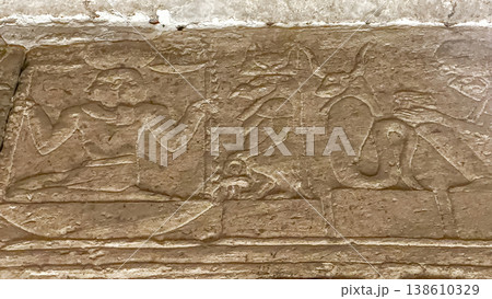 Beautiful bas-reliefs and ancient hieroglyphs from the Dendera Temple Complex, Qena, Egypt Beautiful bas-reliefs and ancient hieroglyphs from the Dendera Temple Complex, Qena, Egypt 138610329
