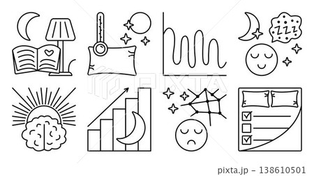 Sleep quality and productivity, black line icon set. Monochrome outline good and bad sleeping sign collection, various somnology symbols. Optimal conditions, spoil factors, tips Sleep quality and productivity, black line icon set. Monochrome outline good and bad sleeping sign collection, various somnology symbols. Optimal conditions, spoil factors, tips 138610501