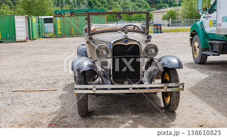 Skagway, Alaska, USA - July 23, 2019: Vintage convertible car of Ford A parked outdoor. Ford A. Vintage convertible car of Ford A, front view. Ford A convertible vintage 1931 Skagway, Alaska, USA - July 23, 2019: Vintage convertible car of Ford A parked outdoor. Ford A. Vintage convertible car of Ford A, front view. Ford A convertible vintage 1931 138610825