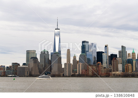 New York with city skyline. Cityscape of NYC Manhattan. Skyscraper cityscape of New York, Manhattan. Skyscraper architecture panorama. New York cityscape with skyscraper architecture. Panoramic view 138610848