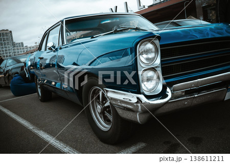 Blue Vintage American Car with Chrome Front Detail 138611211