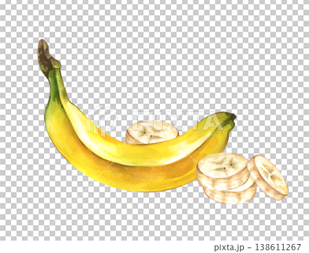 Watercolor illustration of curved yellow banana and sliced into small circles. Botanical clipart ripe fruit for healthy food packaging, smoothie bar menus, organic product branding and summer-themed 138611267