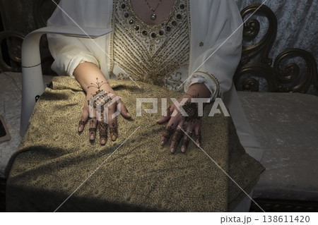 Moroccan henna tattoo on female hands during traditional celebration ceremony 138611420