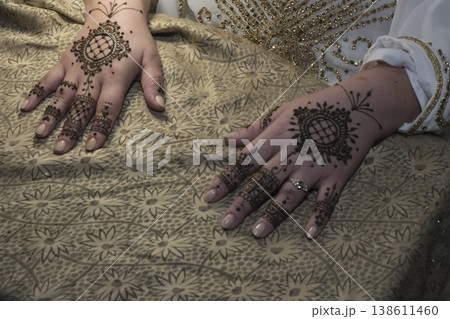 Moroccan henna tattoo on female hands during traditional celebration ceremony Moroccan henna tattoo on female hands during traditional celebration ceremony 138611460