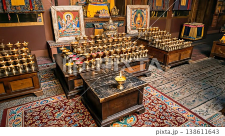 Description (160 characters) Temple altar featuring a vast array of burning butter lamps. Temple altar with brass vessels, thangka paintings, and ornate carpets in a Tibetan sanctuary. 138611643