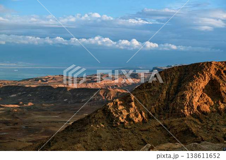 Dramatic desert coastline landscape with storm clouds over calm sea 138611652