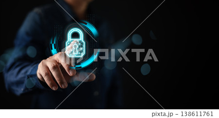 A businessman touching a digital padlock icon representing cybersecurity and data protection technology, symbolizing internet security, privacy defense, and online safety in the digital world. 138611761