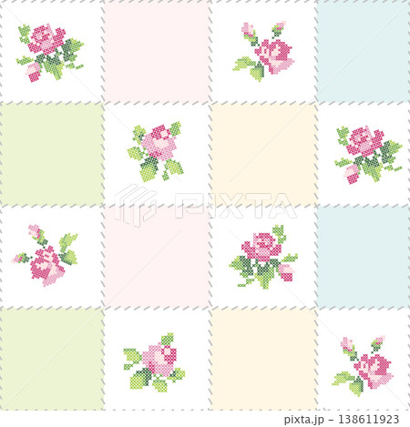 Seamless Patchwork Pattern Cross Stitch Roses Embroidery Floral Quilt Background Pastel Vector 138611923