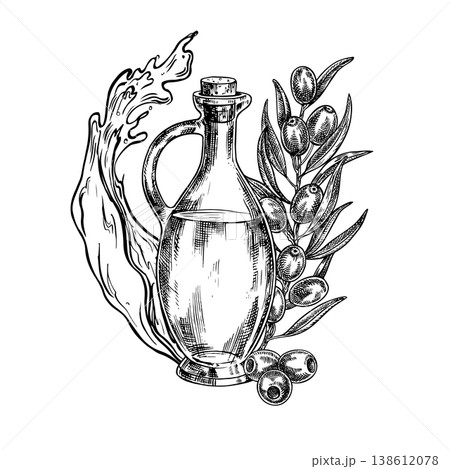 A glass jar with oil, a splash of oil, and an olive branch. Black and white graphic vector illustration drawn by hand. A design element for menus, recipes, and cookbooks, packaging, labels, and more. A glass jar with oil, a splash of oil, and an olive branch. Black and white graphic vector illustration drawn by hand. A design element for menus, recipes, and cookbooks, packaging, labels, and more. 138612078