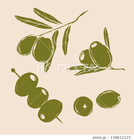 Realistic set green olives, olive branch with green leaves. Elements for cosmetic, food, ads, oil design Realistic set green olives, olive branch with green leaves. Elements for cosmetic, food, ads, oil design 138612125