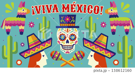 Viva Mexico! Cinco de Mayo festive poster. Vibrant vector illustration. 138612160