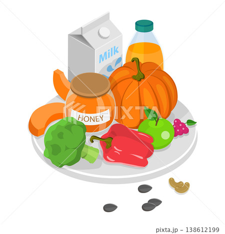 3D Isometric Flat Vector Set of Vegetarian Food Plates, Organic Grocery Products. Item 5 3D Isometric Flat Vector Set of Vegetarian Food Plates, Organic Grocery Products. Item 5 138612199