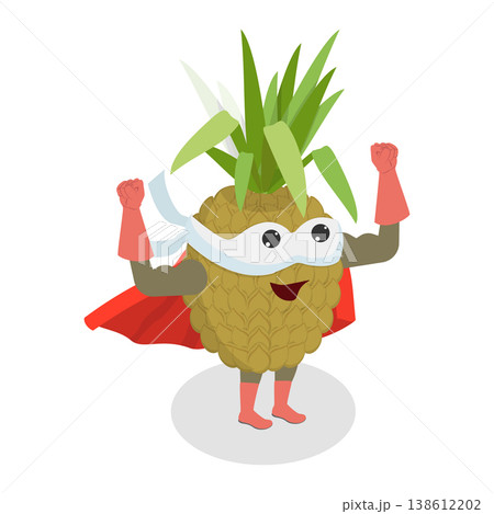 3D Isometric Flat Vector Illustration of Pineapple Hero, Humorous Superhero Cartoon Character Making Expressive Gestures In Mask and Costume. Item 2 138612202