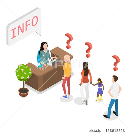 3D Isometric Flat Vector Illustration of Customer Support Desk, Characters Seek Assistance From Information Desk Staff. Item 1 138612228