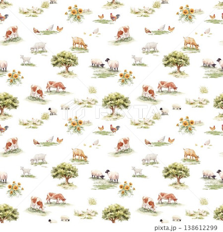 Storybook Nursery Farm Animals Seamless Pattern Watercolor Fairytale Countryside Baby Room 138612299