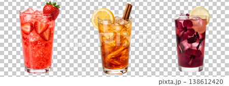 Refreshing assortment of colorful iced beverages including lemonade, iced tea, and fruit drinks in glasses with ice cubes and straws, perfect for summer menus 138612420