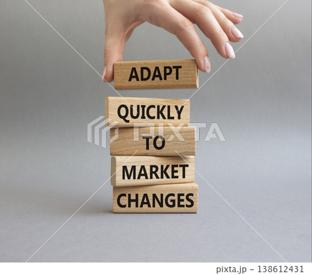 Market Changes symbol. Wooden blocks with words Manage and Adapt quickly to market changes. Businessman hand. Beautiful grey background. Businessman hand. Business and Market Changes concept. Copy 138612431