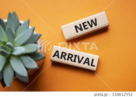NEW ARRIVAL symbol. Concept word NEW ARRIVAL on wooden blocks. Beautiful orange background with succulent plant. Business and NEW ARRIVAL concept. Copy space NEW ARRIVAL symbol. Concept word NEW ARRIVAL on wooden blocks. Beautiful orange background with succulent plant. Business and NEW ARRIVAL concept. Copy space 138612552