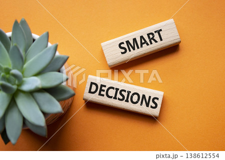 SMART DECISIONS symbol. Concept word SMART DECISIONS on wooden blocks. Beautiful orange background with succulent plant. Business and SMART DECISIONS concept. Copy space 138612554