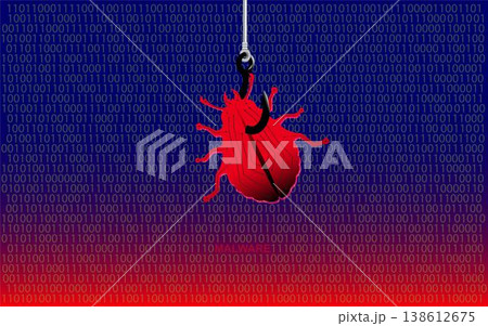 Malware bug hanging on a hook. Malware removal, IT Security Concept Design. 138612675