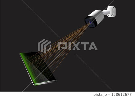 Spyware concept. cctv camera monitoring smartphone. collect information, steal data, monitor camera and microphone.  138612677