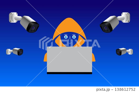 CCTV cameras monitor computer and laptop users. Collecting information, stealing data, monitoring cameras and microphones. Spyware concept. 138612752