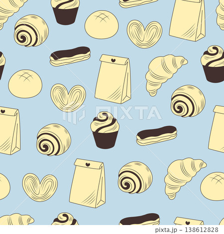 Seamless pattern with hand drawn bakery and pastry on blue background vector illustration. 138612828