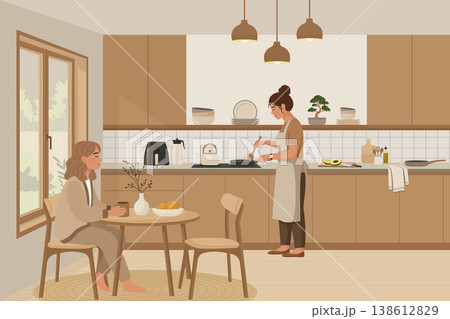 Women in kitchen cooking and drinking coffee in japandi style interior vector illustration. 138612829