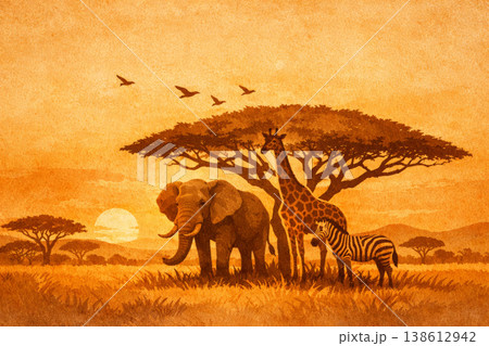 African wildlife illustration with elephant, giraffe and zebra at sunset. Concept for Africa Day and safari. 138612942