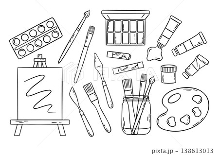 Big vector set of painting and drawing tools, brushes and paints. Simple black and white icons in doodle and sketch style for art supplies branding or creative projects 138613013