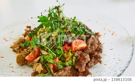 Warm beef salad with sauteed mushrooms, cherry tomatoes, and fresh microgreens Warm beef salad with sauteed mushrooms, cherry tomatoes, and fresh microgreens 138613108