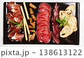 A multi-sensory charcuterie board featuring premium sliced salami, prosciutto 138613122