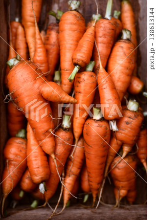 Carrots densely packed in wooden crate Carrots densely packed in wooden crate 138613144