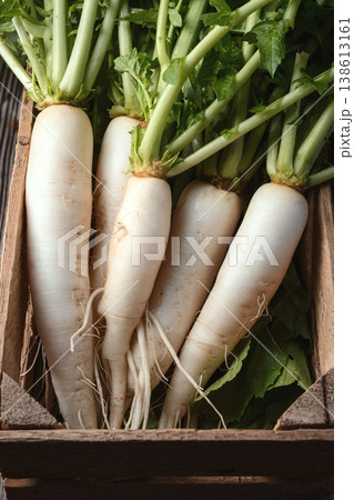 Fresh daikon radish in wooden crate 138613161