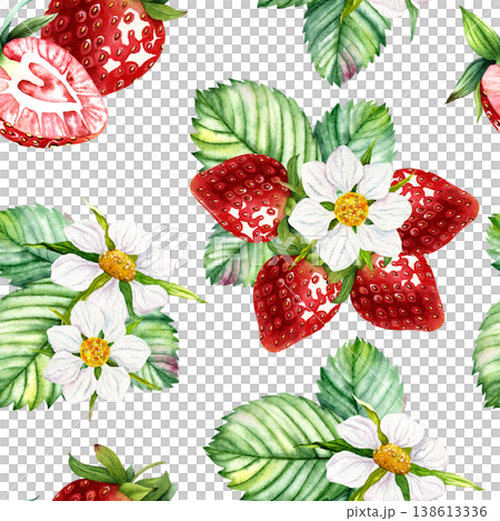 Watercolor strawberry seamless pattern with berries, slices, flowers and leaves, hand painted botanical repeat texture on light background for textile, wrapping paper, wallpaper and kitchen decor art Watercolor strawberry seamless pattern with berries, slices, flowers and leaves, hand painted botanical repeat texture on light background for textile, wrapping paper, wallpaper and kitchen decor art 138613336