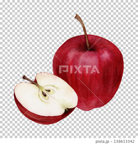 Watercolor red apple with half slice showing seeds, hand painted realistic fruit composition isolated on white background for food design, packaging, kitchen decor and healthy lifestyle projects Watercolor red apple with half slice showing seeds, hand painted realistic fruit composition isolated on white background for food design, packaging, kitchen decor and healthy lifestyle projects 138613342