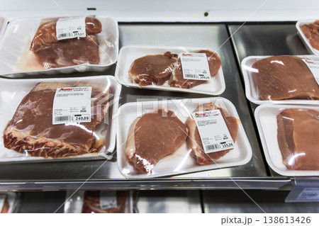 Fresh Pork Meat Cuts in Plastic Trays on a Supermarket Shelf Fresh Pork Meat Cuts in Plastic Trays on a Supermarket Shelf 138613426