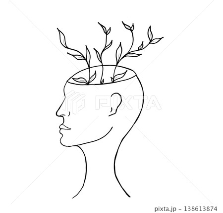 Concept line art illustration of a human head with plants growing out of it, mental health and personal growth concept. Concept line art illustration of a human head with plants growing out of it, mental health and personal growth concept. 138613874