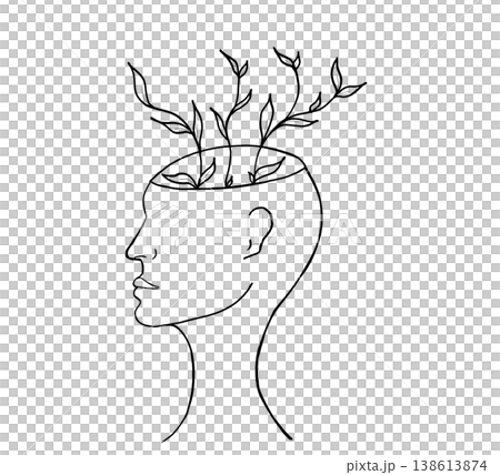 Concept line art illustration of a human head with plants growing out of it, mental health and personal growth concept. Concept line art illustration of a human head with plants growing out of it, mental health and personal growth concept. 138613874
