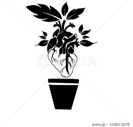 Anatomical heart plant in a flower pot with leaves, growth and mental health concept, black and white vector illustration. 138613876