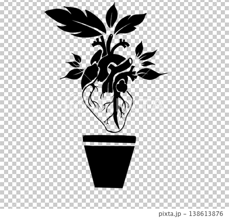 Anatomical heart plant in a flower pot with leaves, growth and mental health concept, black and white vector illustration. 138613876