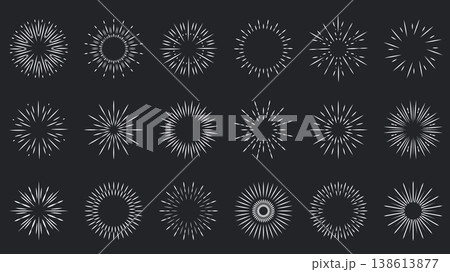 Sunburst elements set design. Collection with circular line sun with rays, radial starburst symbols, fireworks explosion ornaments, shiny sparks around stars, sparkle sunshine. Vector illustration. 138613877
