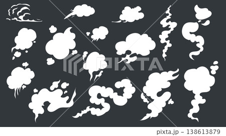 Smoke cartoon elements set design. Collection with different shapes cloud booms, gas steams, fog vapours, white explosions, speed and stream fume motion with bubbles effect. Vector illustration. Smoke cartoon elements set design. Collection with different shapes cloud booms, gas steams, fog vapours, white explosions, speed and stream fume motion with bubbles effect. Vector illustration. 138613879
