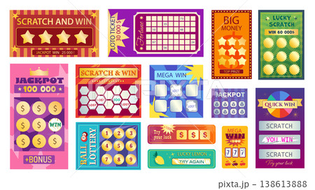 Lottery scratch tickets elements set design. Collection with realistic templates for money win coupons, instant win cards, lotto numbers combination mark, lucky game with reward. Vector illustration. Lottery scratch tickets elements set design. Collection with realistic templates for money win coupons, instant win cards, lotto numbers combination mark, lucky game with reward. Vector illustration. 138613888