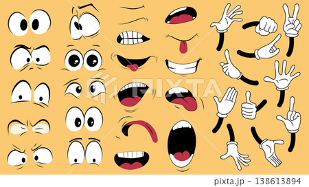 Cartoon face expression elements set design. Collection with comic eyes, mouths, hand for scared, angry, annoyed, surprised, loving, teasing, laughing, smiling, more emotions. Vector illustration. Cartoon face expression elements set design. Collection with comic eyes, mouths, hand for scared, angry, annoyed, surprised, loving, teasing, laughing, smiling, more emotions. Vector illustration. 138613894