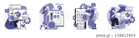 Seo analysis concept set for web design. Collection with people making data site analysis and researching webpage graph on screen, increasing traffic with keywords for ranking. Vector illustration. 138613903
