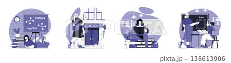 School learning concept set for web design. Collection with people studying chemistry or geometry, reading books, answering to teacher at lessons, preparing to seminars and exams. Vector illustration. School learning concept set for web design. Collection with people studying chemistry or geometry, reading books, answering to teacher at lessons, preparing to seminars and exams. Vector illustration. 138613906