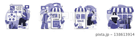 Online shopping concept set for web design. Collection with people choosing new products at internet stores, purchasing at seasonal sales, ordering and paying in mobile app. Vector illustration. 138613914