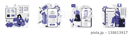 Mobile banking concept set for web design. Collection with people manage credit cards and financial accounts in application, make transactions, sending money, exchange currency. Vector illustration. 138613917